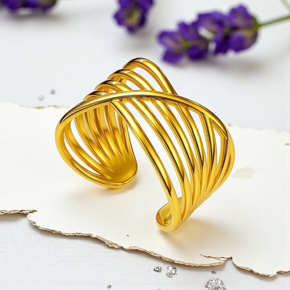 🆕 Modern Chic Crisscross Ring 18K Gold Plated Stainless Steel Adjustable Band - Picture 1 of 14